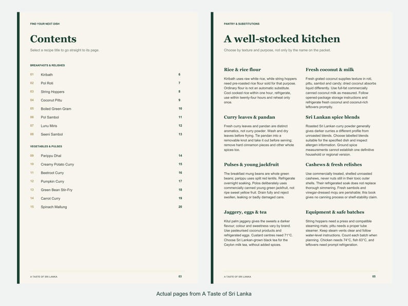 Actual contents and kitchen-notes pages from A Taste of Sri Lanka.