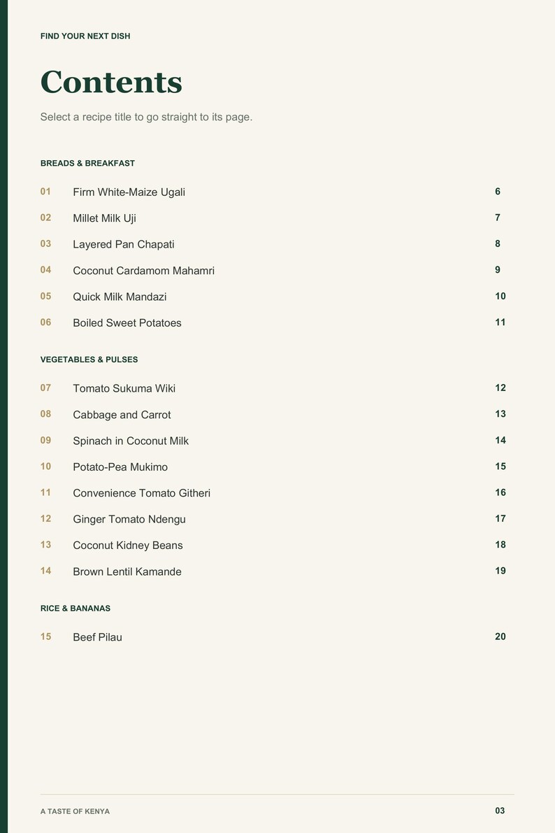 Actual PDF page 3 from A Taste of Kenya: Contents, page 1.