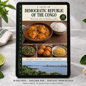 Digital cookbook mockup displaying the actual A Taste of Democratic Republic of the Congo cover. English PDF download only; no tablet or physical book included.