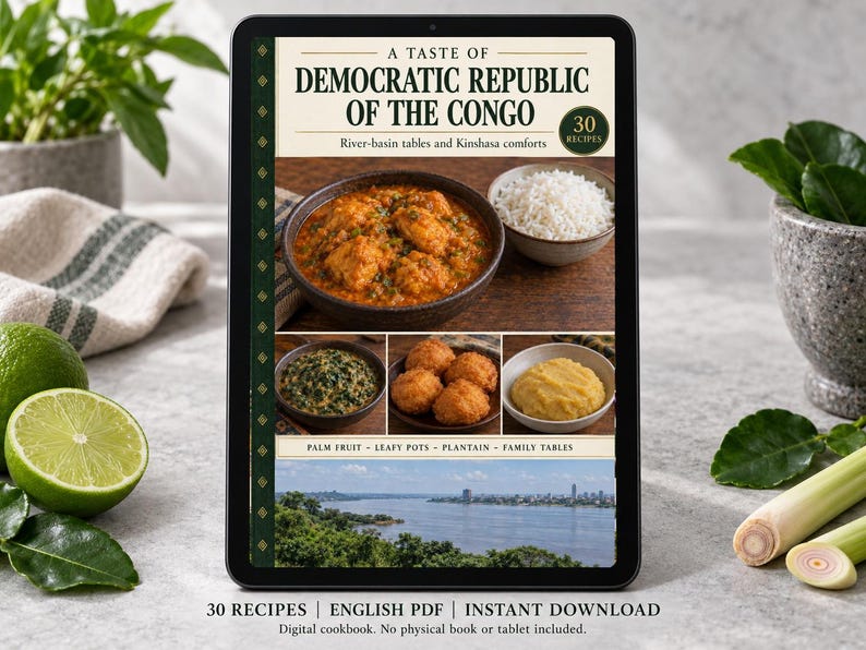 Digital cookbook mockup displaying the actual A Taste of Democratic Republic of the Congo cover. English PDF download only; no tablet or physical book included.