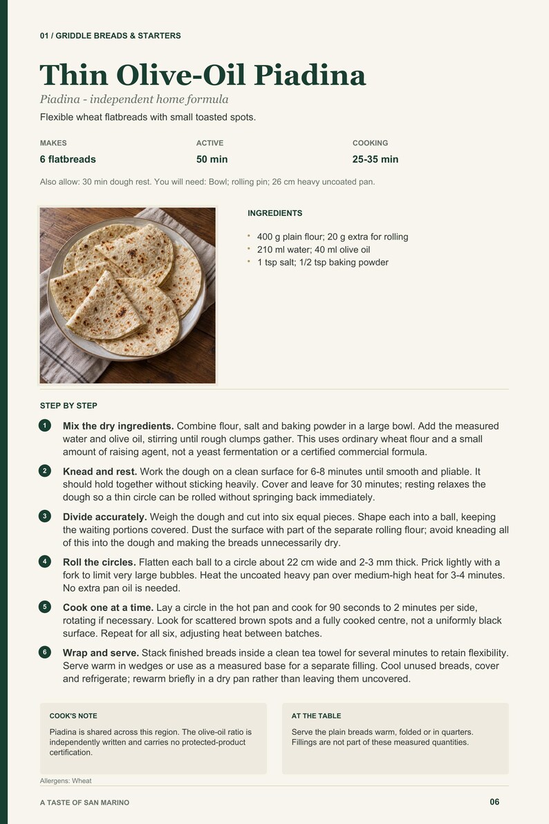 Actual PDF page 6 from A Taste of San Marino: Thin Olive-Oil Piadina recipe page.
