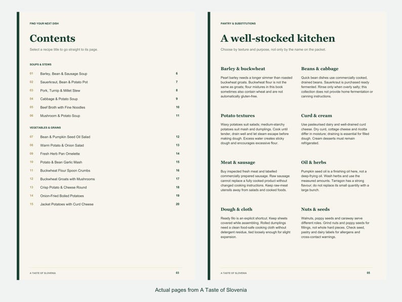 Actual contents and kitchen-notes pages from A Taste of Slovenia.