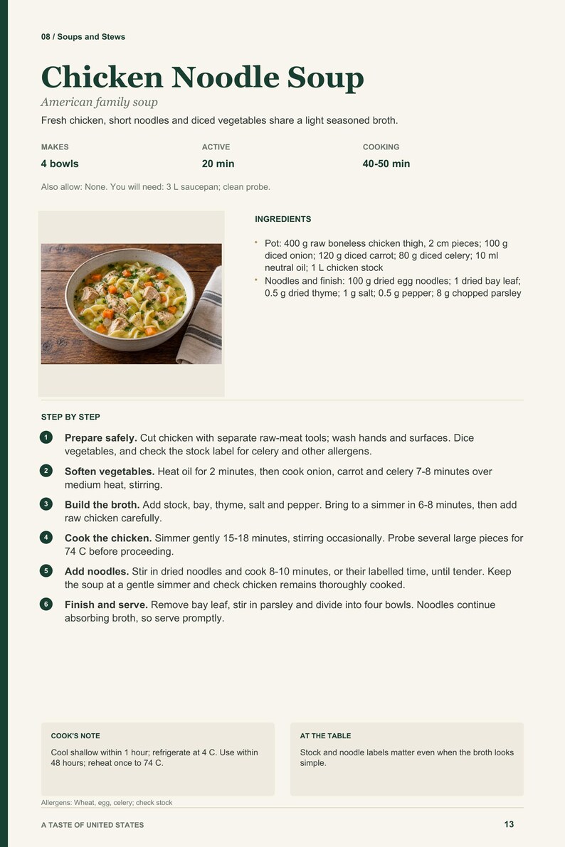Actual PDF page 13 from A Taste of United States: Chicken Noodle Soup recipe page.