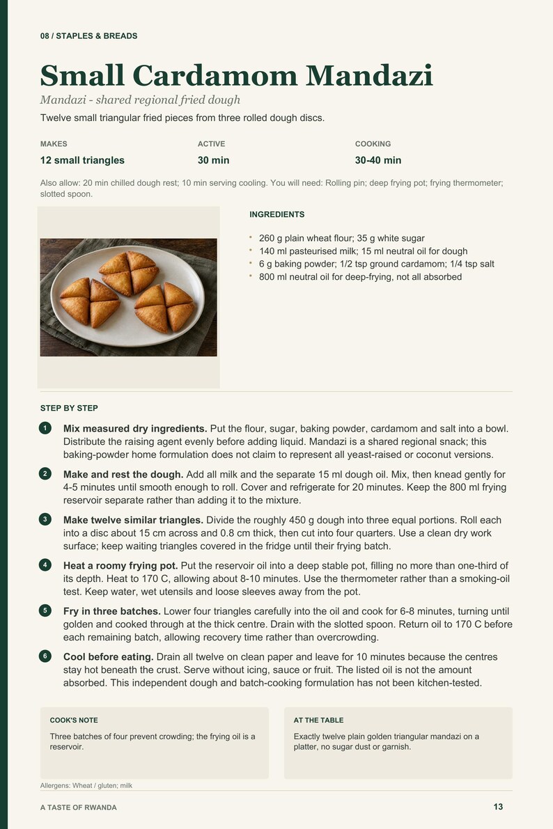 Actual PDF page 13 from A Taste of Rwanda: Small Cardamom Mandazi recipe page.