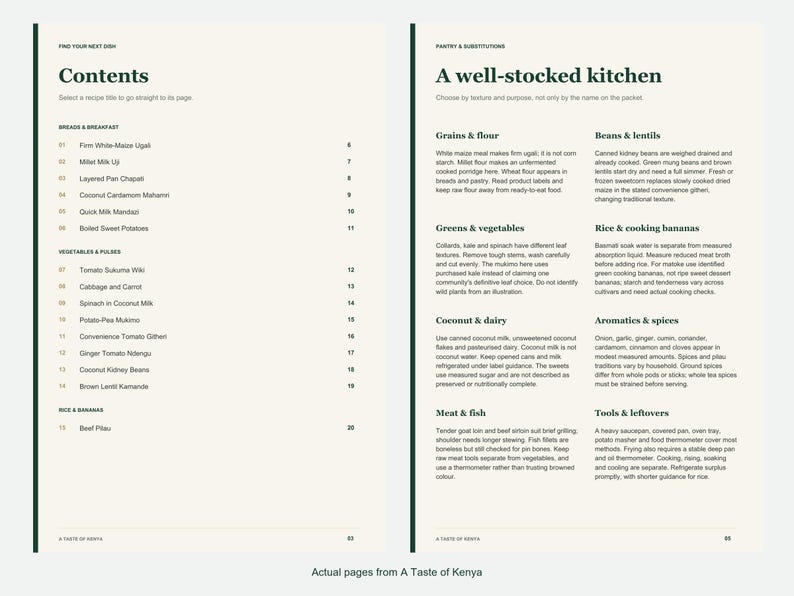 Actual contents and kitchen-notes pages from A Taste of Kenya.