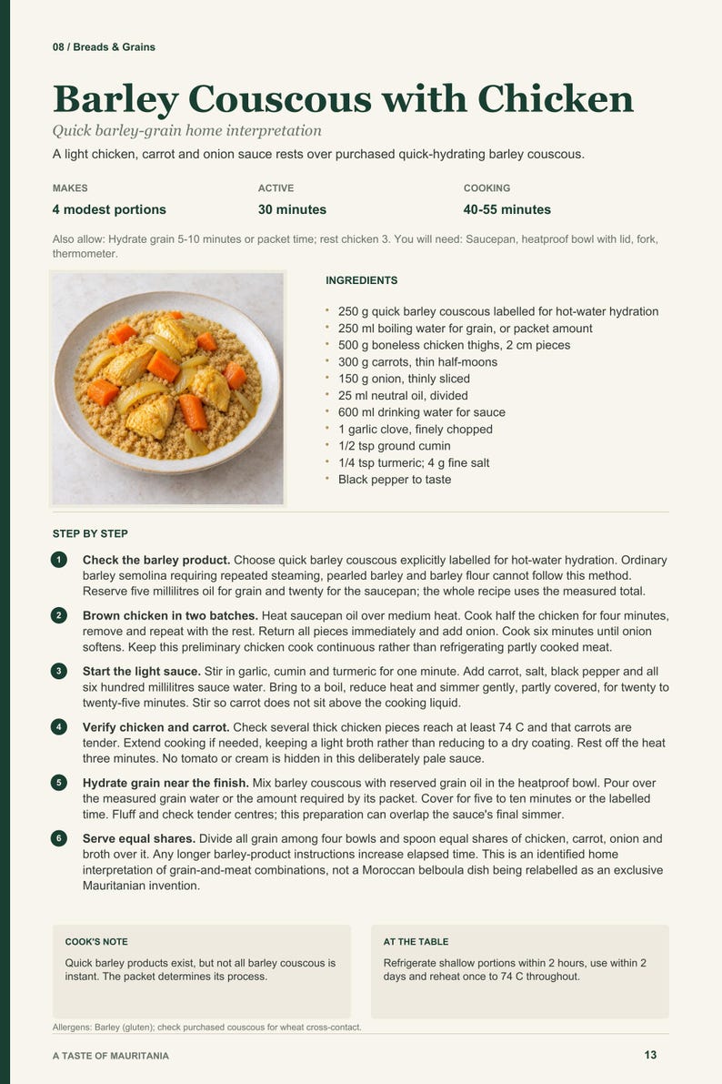 Actual PDF page 13 from A Taste of Mauritania: Barley Couscous with Chicken recipe page.
