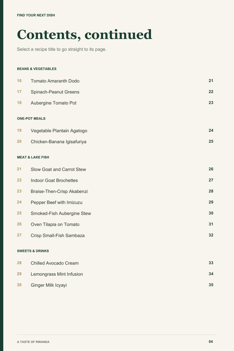 Actual PDF page 4 from A Taste of Rwanda: Contents, page 2.