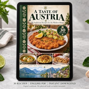 Digital cookbook mockup displaying the actual A Taste of Austria cover. English PDF download only; no tablet or physical book included.