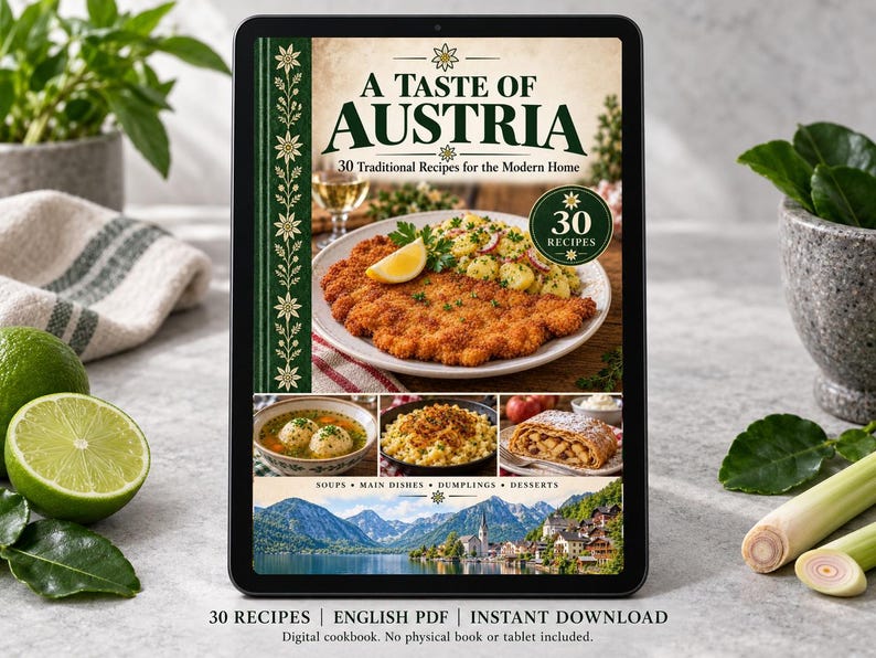 Digital cookbook mockup displaying the actual A Taste of Austria cover. English PDF download only; no tablet or physical book included.