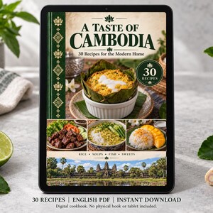 Digital cookbook mockup displaying the actual A Taste of Cambodia cover. English PDF download only; no tablet or physical book included.