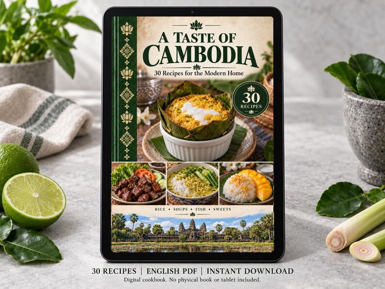Digital cookbook mockup displaying the actual A Taste of Cambodia cover. English PDF download only; no tablet or physical book included.
