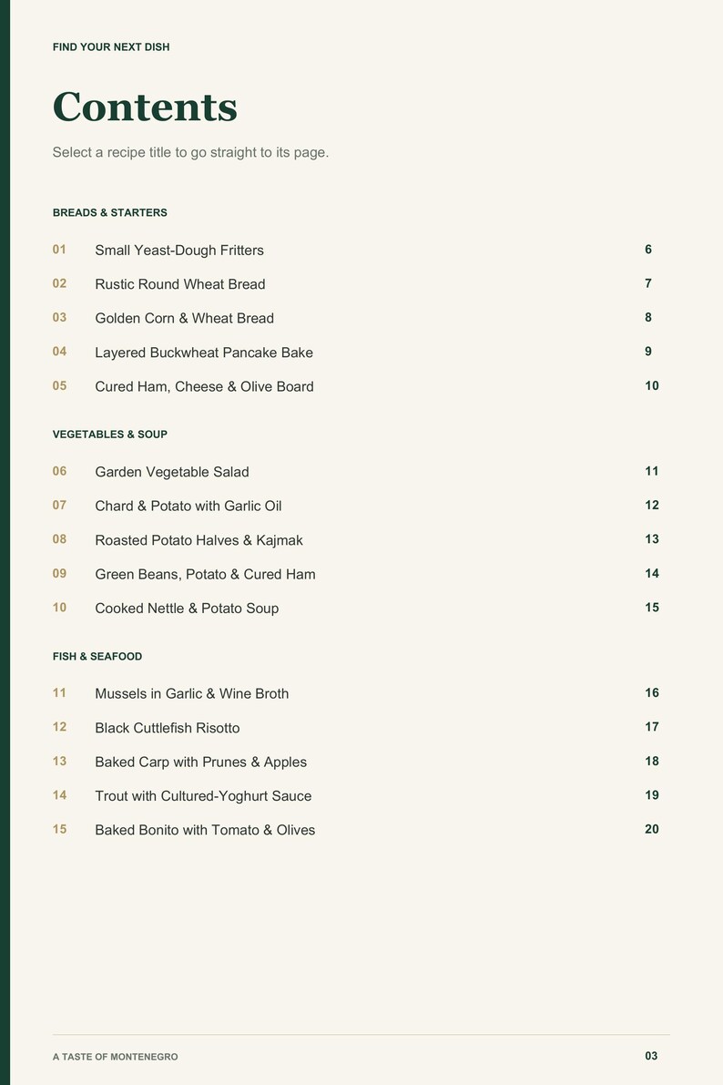 Actual PDF page 3 from A Taste of Montenegro: Contents, page 1.