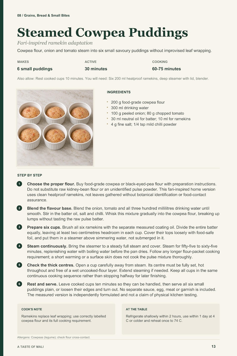 Actual PDF page 13 from A Taste of Mali: Steamed Cowpea Puddings recipe page.