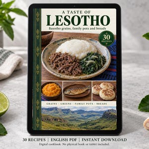 Digital cookbook mockup displaying the actual A Taste of Lesotho cover. English PDF download only; no tablet or physical book included.