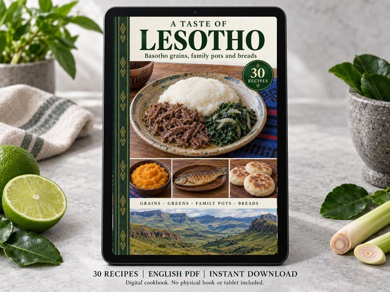 Digital cookbook mockup displaying the actual A Taste of Lesotho cover. English PDF download only; no tablet or physical book included.