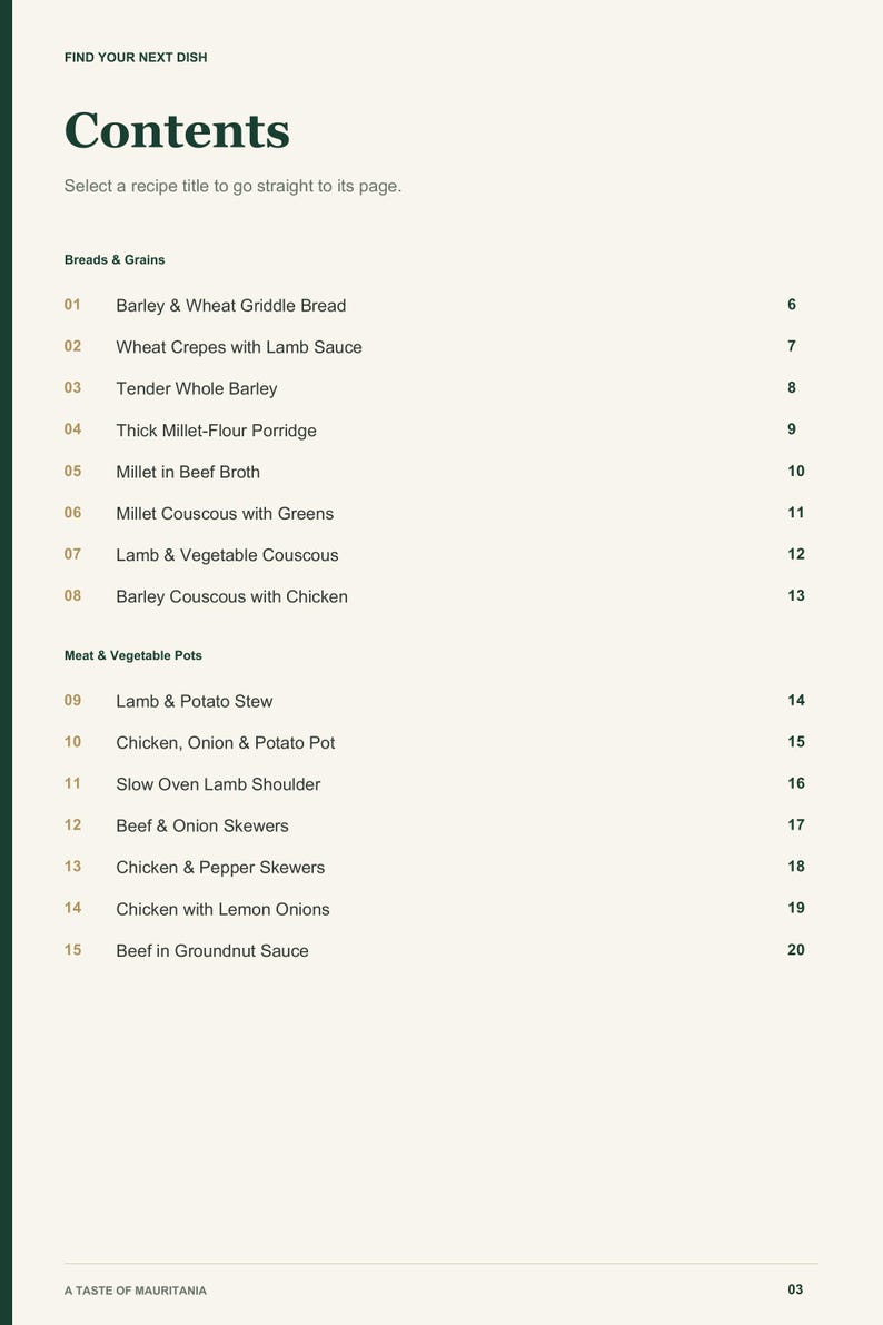 Actual PDF page 3 from A Taste of Mauritania: Contents, page 1.