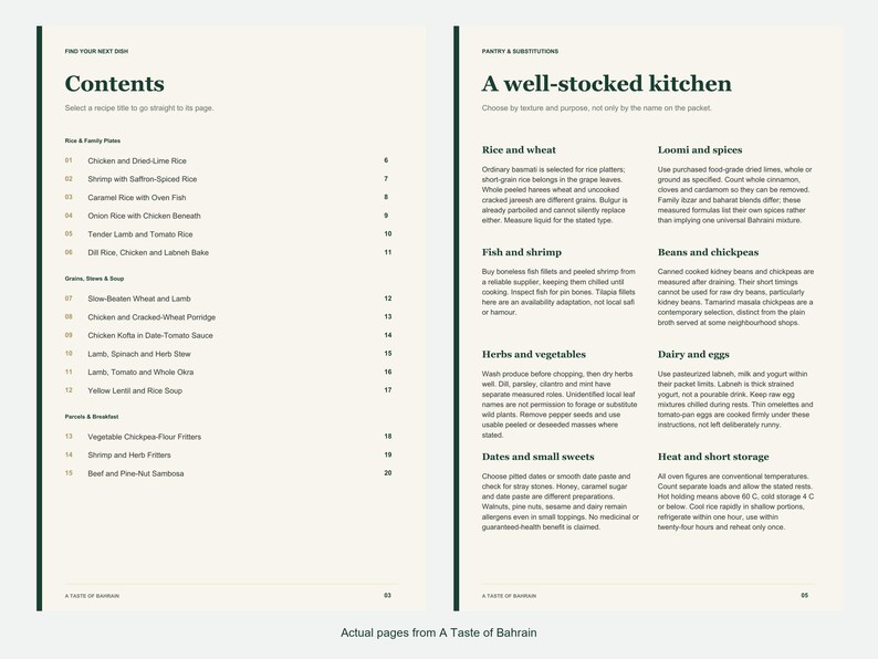 Actual contents and kitchen-notes pages from A Taste of Bahrain.