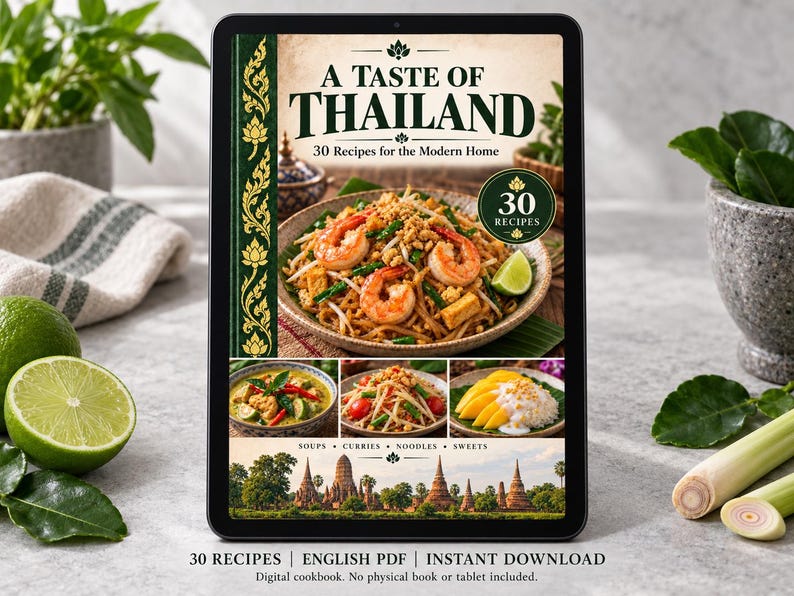 Digital cookbook mockup: a tablet displaying A Taste of Thailand, with 30 recipes in an English PDF. Instant download; no physical book or tablet included.