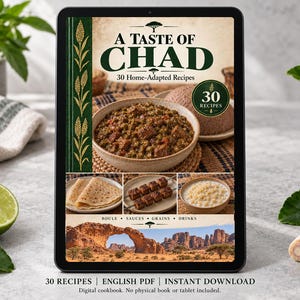 Digital cookbook mockup displaying the actual A Taste of Chad cover. English PDF download only; no tablet or physical book included.