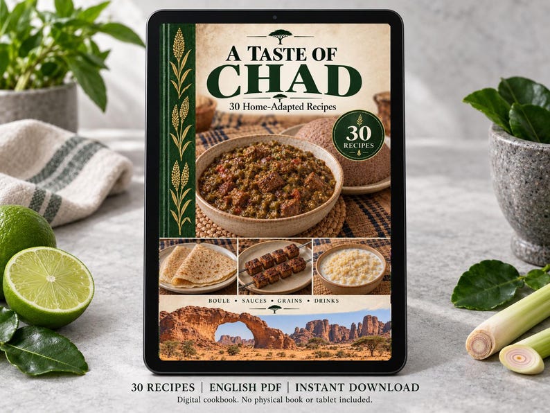 Digital cookbook mockup displaying the actual A Taste of Chad cover. English PDF download only; no tablet or physical book included.