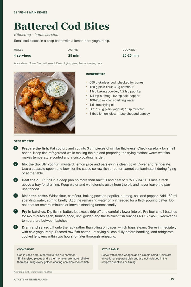 Actual PDF page 13 from A Taste of Netherlands: Battered Cod Bites recipe page.
