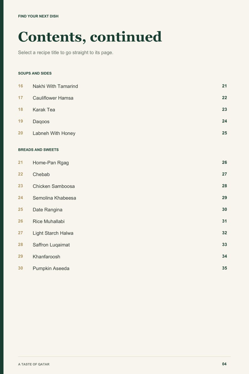 Actual PDF page 4 from A Taste of Qatar: Contents, page 2.