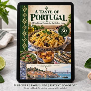 Digital cookbook mockup displaying the actual A Taste of Portugal cover. English PDF download only; no tablet or physical book included.