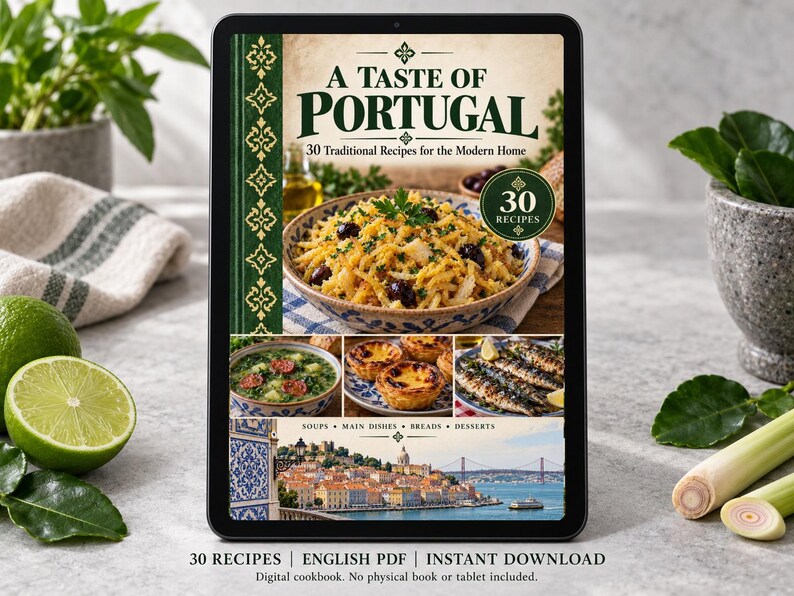 Digital cookbook mockup displaying the actual A Taste of Portugal cover. English PDF download only; no tablet or physical book included.