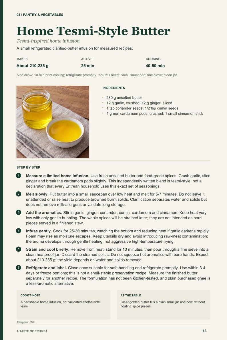 Actual PDF page 13 from A Taste of Eritrea: Home Tesmi-Style Butter recipe page.