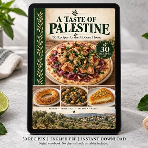 Digital cookbook mockup displaying the actual A Taste of Palestine cover. English PDF download only; no tablet or physical book included.