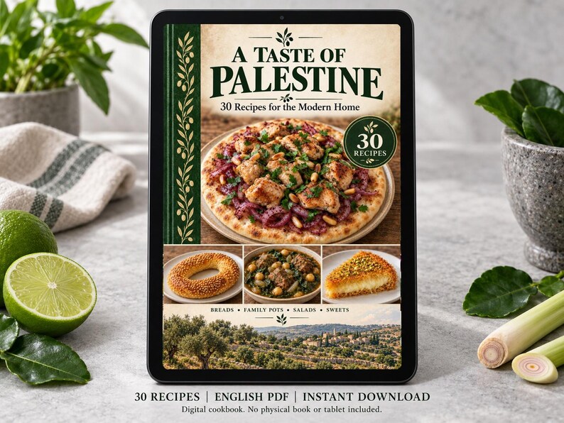 Digital cookbook mockup displaying the actual A Taste of Palestine cover. English PDF download only; no tablet or physical book included.