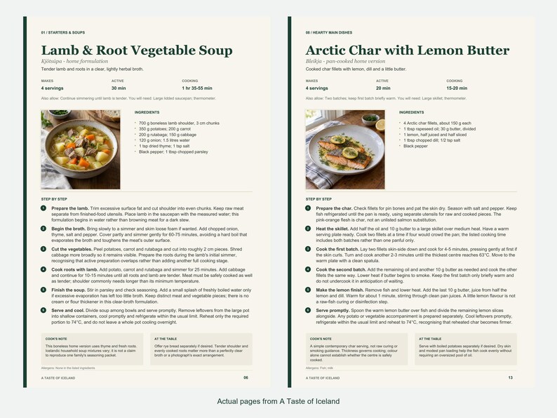 Two actual recipe pages from A Taste of Iceland.