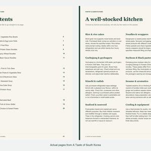 Actual contents and kitchen-notes pages from A Taste of South Korea.