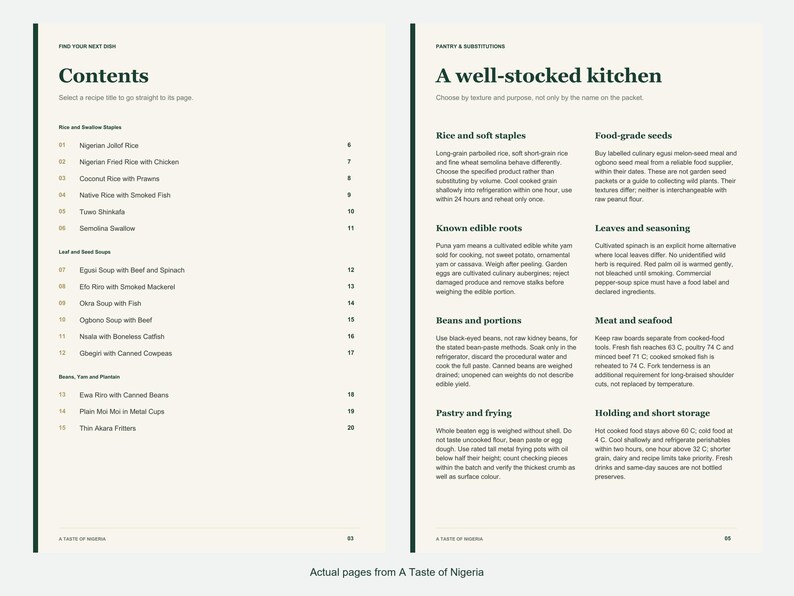 Actual contents and kitchen-notes pages from A Taste of Nigeria.