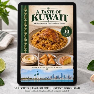 Digital cookbook mockup displaying the actual A Taste of Kuwait cover. English PDF download only; no tablet or physical book included.