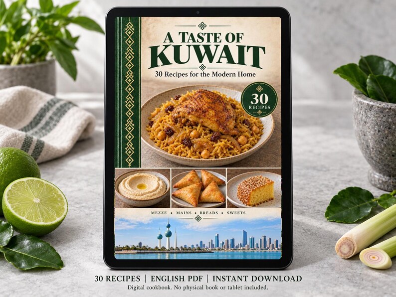 Digital cookbook mockup displaying the actual A Taste of Kuwait cover. English PDF download only; no tablet or physical book included.