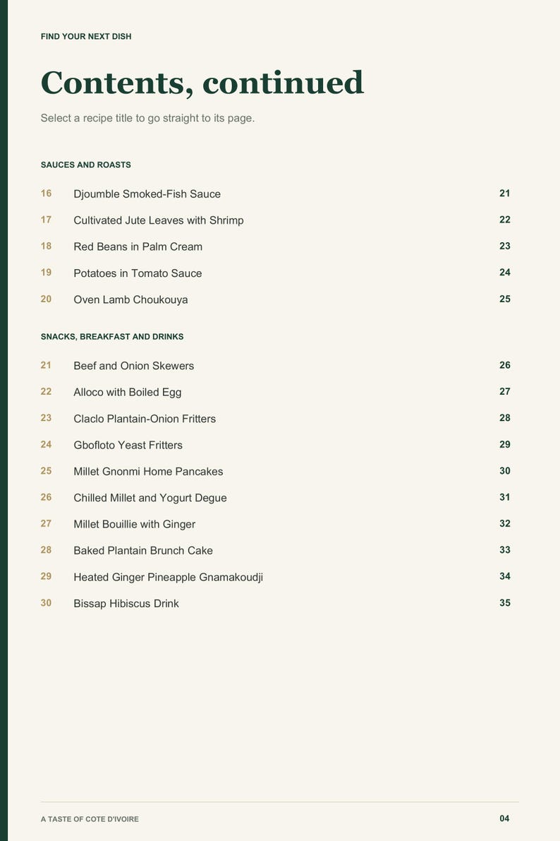 Actual PDF page 4 from A Taste of Cote d'Ivoire: Contents, page 2.