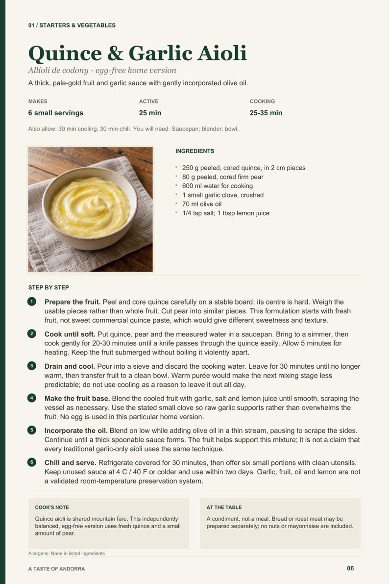 Actual PDF page 6 from A Taste of Andorra: Quince & Garlic Aioli recipe page.