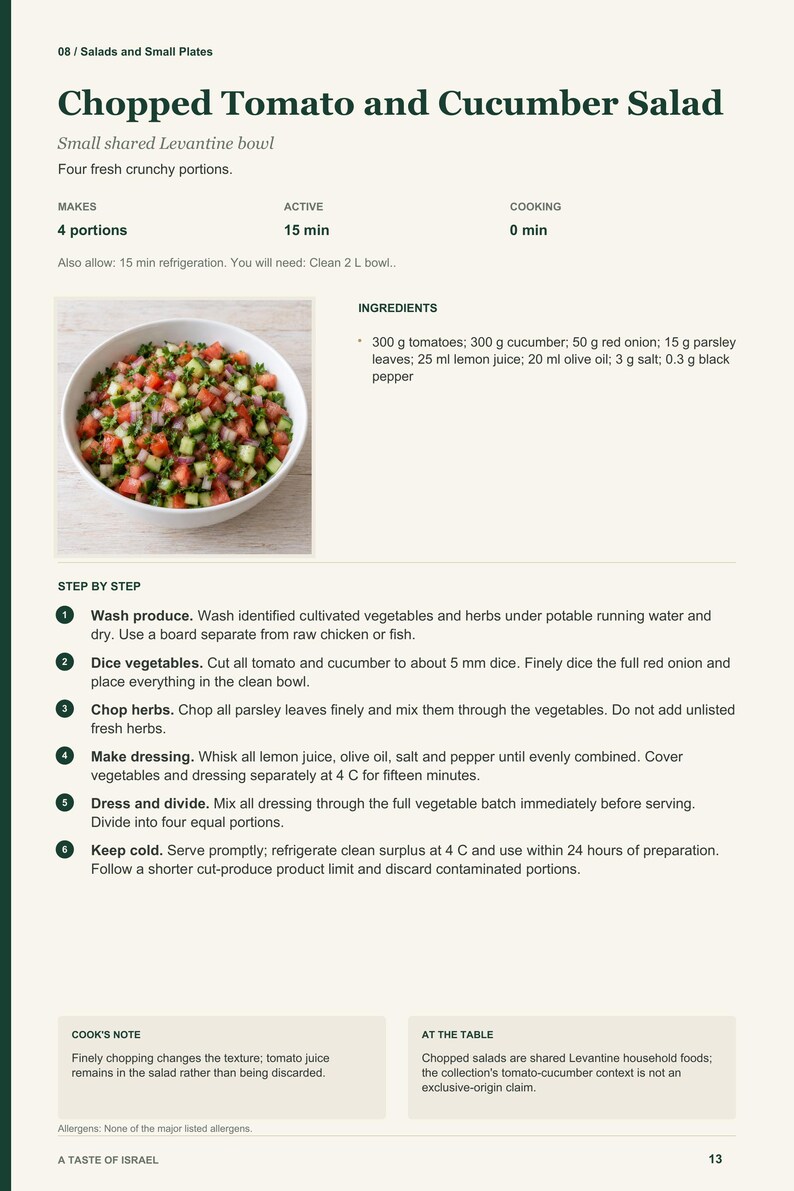Actual PDF page 13 from A Taste of Israel: Chopped Tomato and Cucumber Salad recipe page.