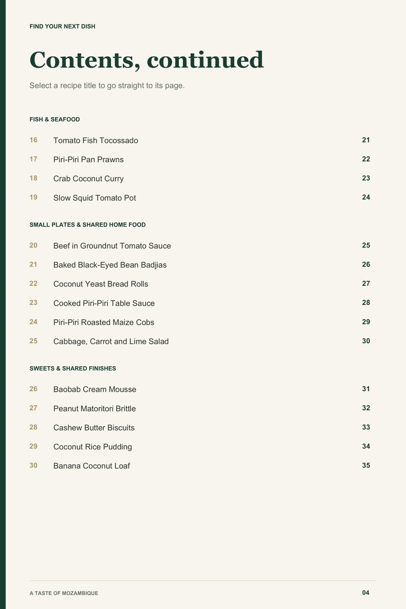 Actual PDF page 4 from A Taste of Mozambique: Contents, page 2.