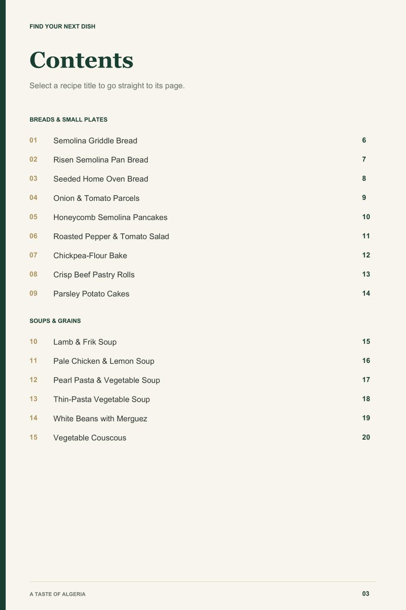 Actual PDF page 3 from A Taste of Algeria: Contents, page 1.