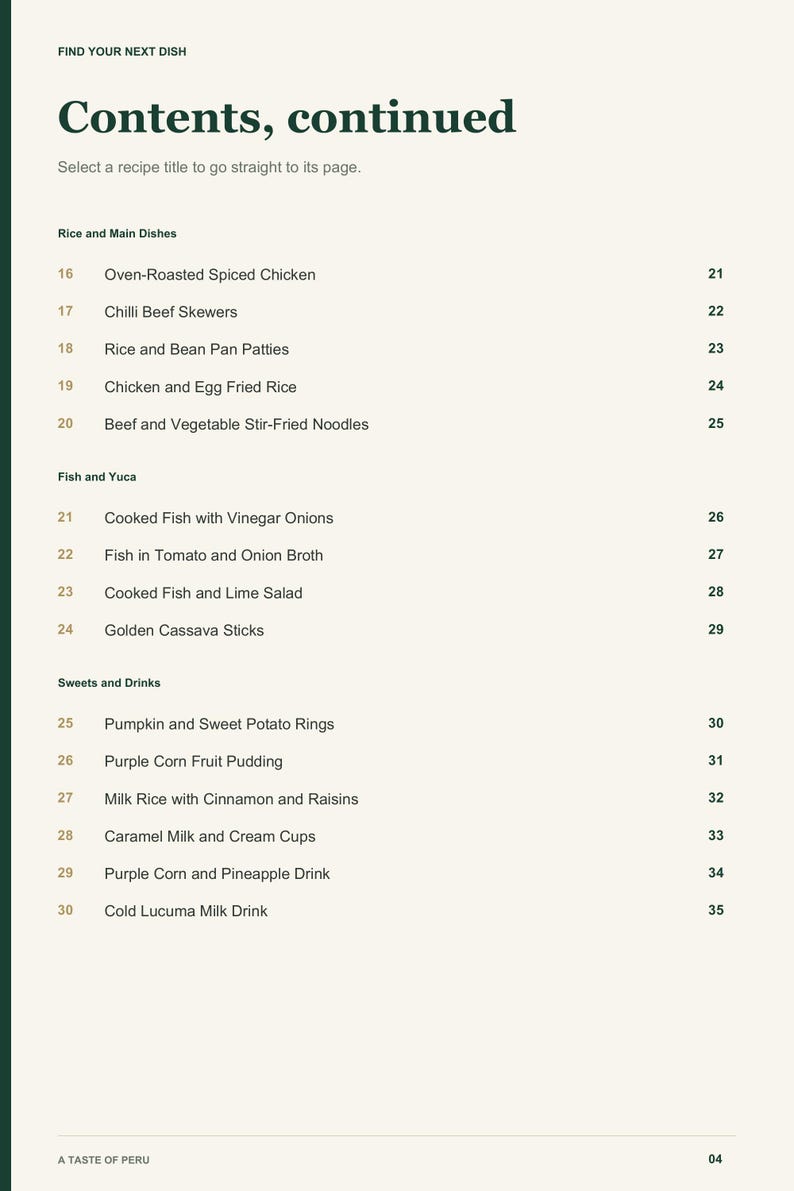 Actual PDF page 4 from A Taste of Peru: Contents, page 2.
