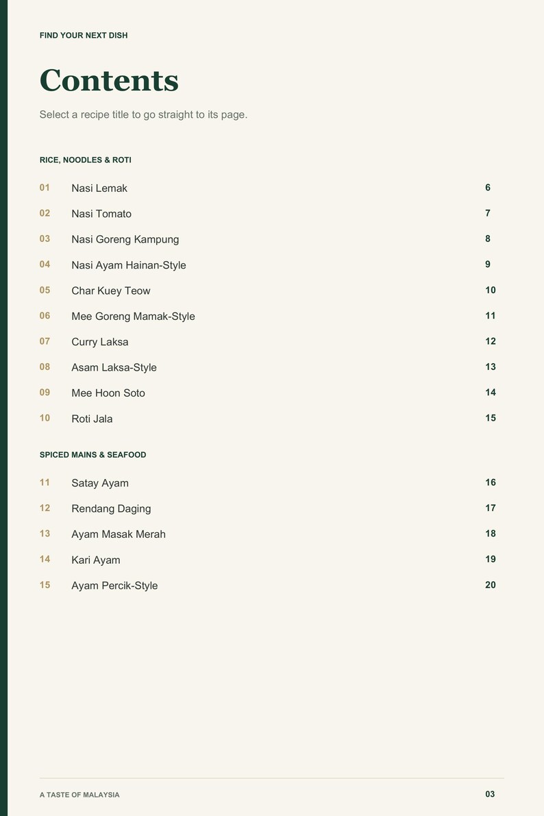 Actual PDF page 3 from A Taste of Malaysia: Contents, page 1.