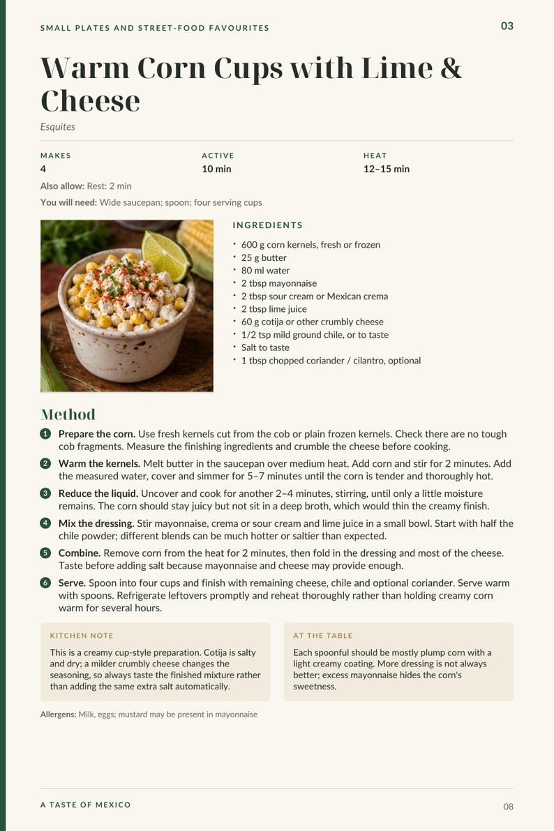 Actual PDF page 8 from A Taste of Mexico: Warm Corn Cups with Lime & Cheese recipe page.