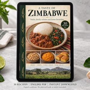 Digital cookbook mockup displaying the actual A Taste of Zimbabwe cover. English PDF download only; no tablet or physical book included.