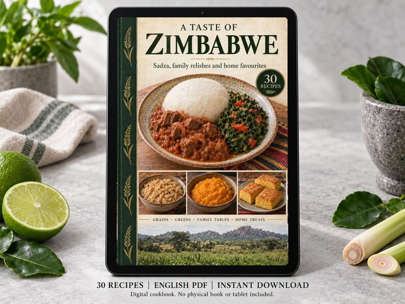 Digital cookbook mockup displaying the actual A Taste of Zimbabwe cover. English PDF download only; no tablet or physical book included.