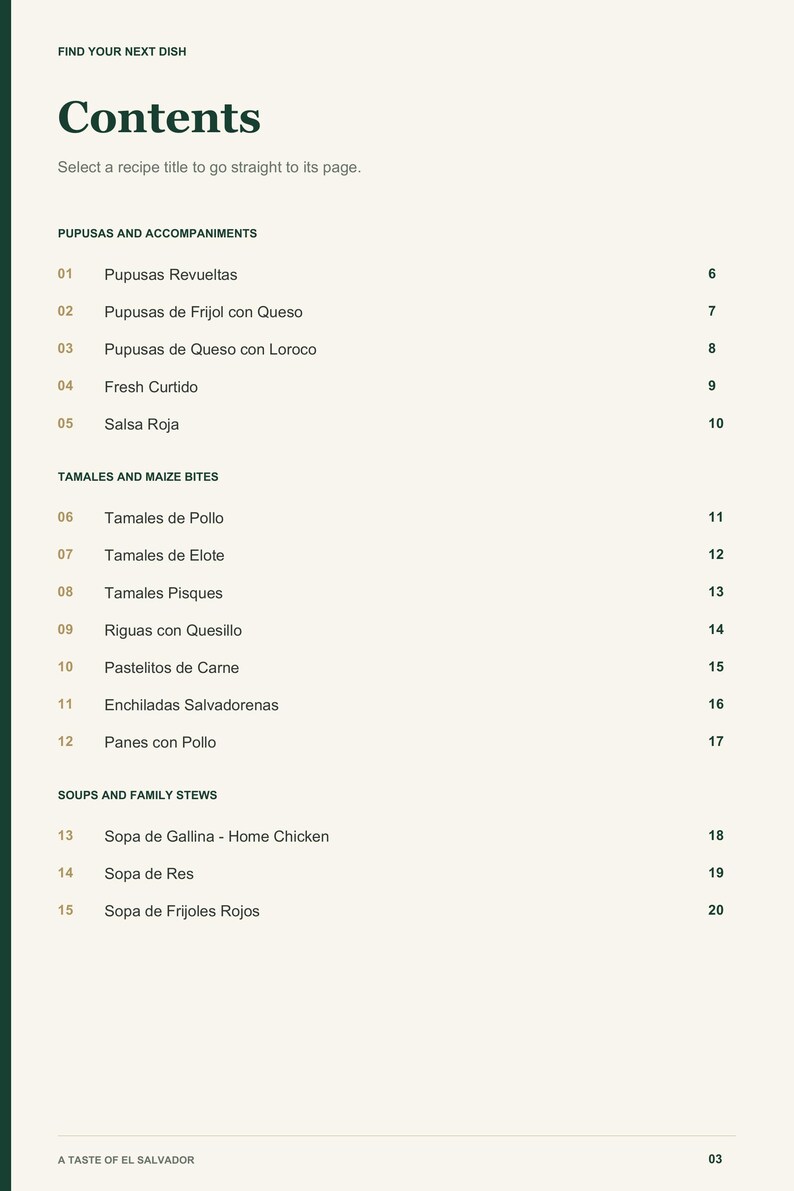 Actual PDF page 3 from A Taste of El Salvador: Contents, page 1.