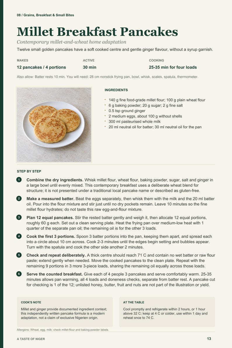 Actual PDF page 13 from A Taste of Niger: Millet Breakfast Pancakes recipe page.