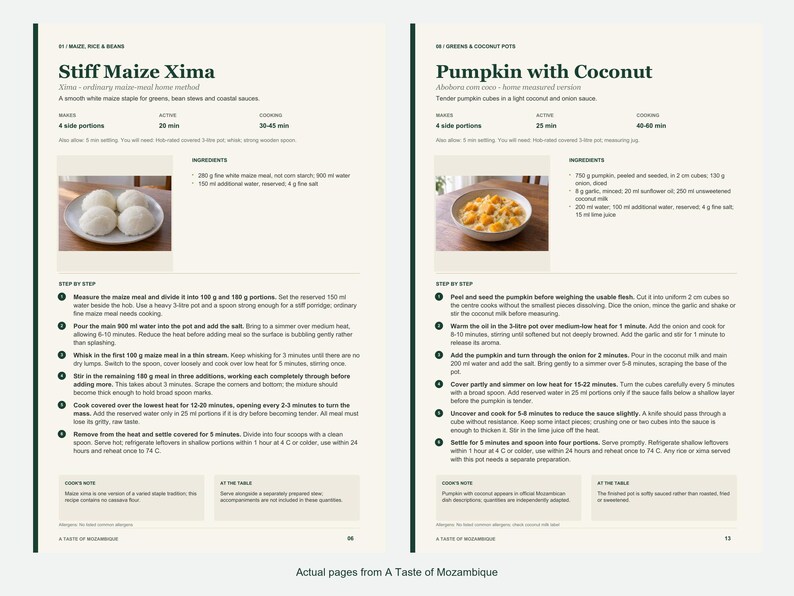 Two actual recipe pages from A Taste of Mozambique.