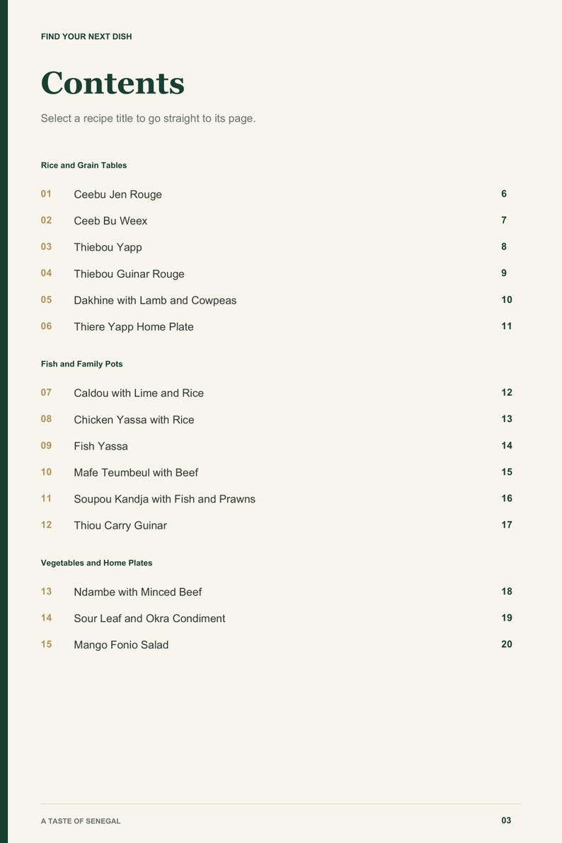 Actual PDF page 3 from A Taste of Senegal: Contents, page 1.